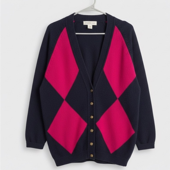 Vintage Jones New York 80’s Pink Wool Blend Argyle Grandpa Cardigan Women's S - Picture 2 of 5